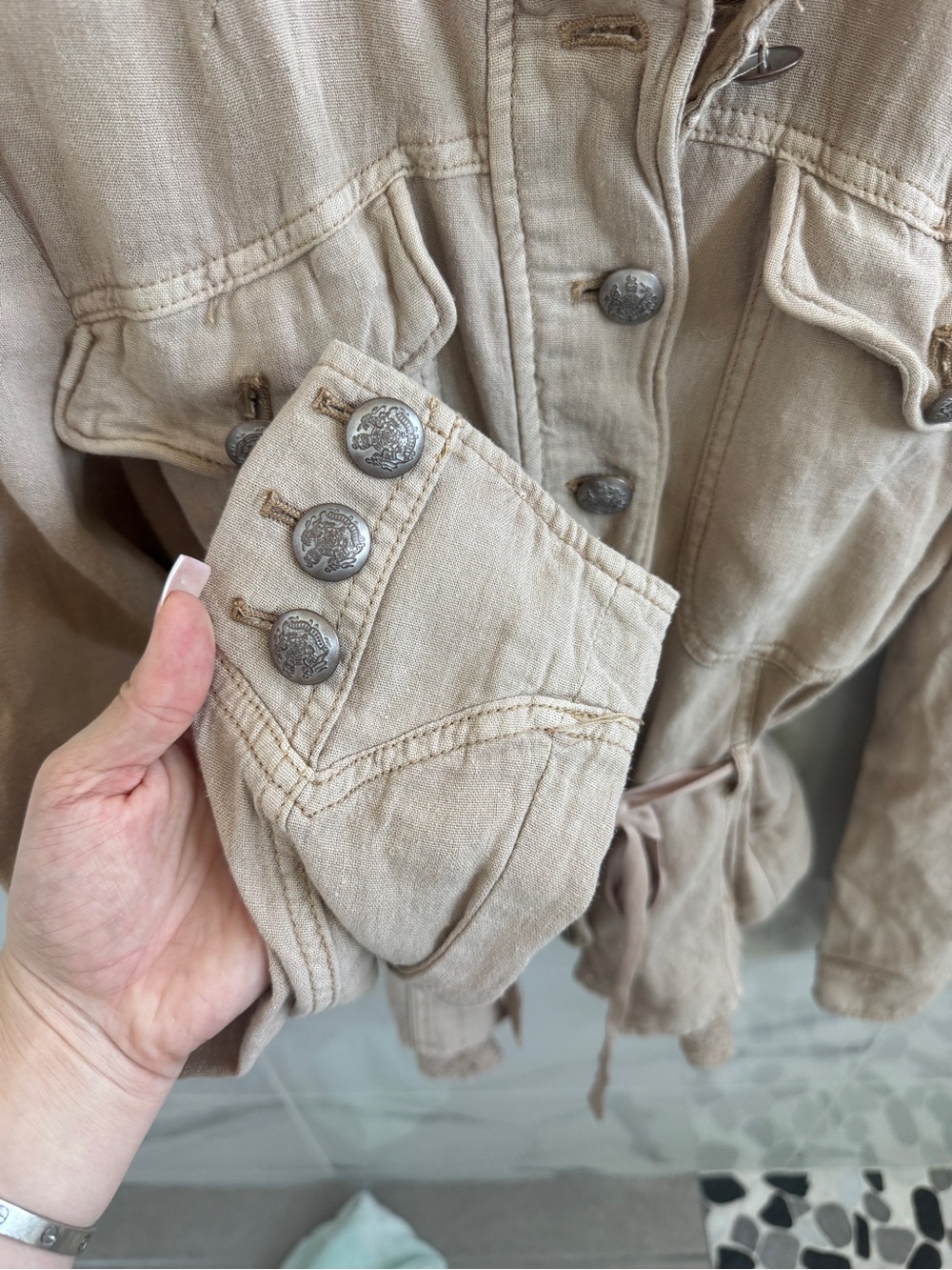 Free People Emilia Utility Jacket with lace trim & tie waist details - size L - Picture 3 of 9